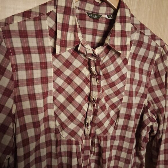Eddie Bauer Womens Red Cream Plaid Ruffle Detail Button Front Shirt XL - Picture 3 of 6